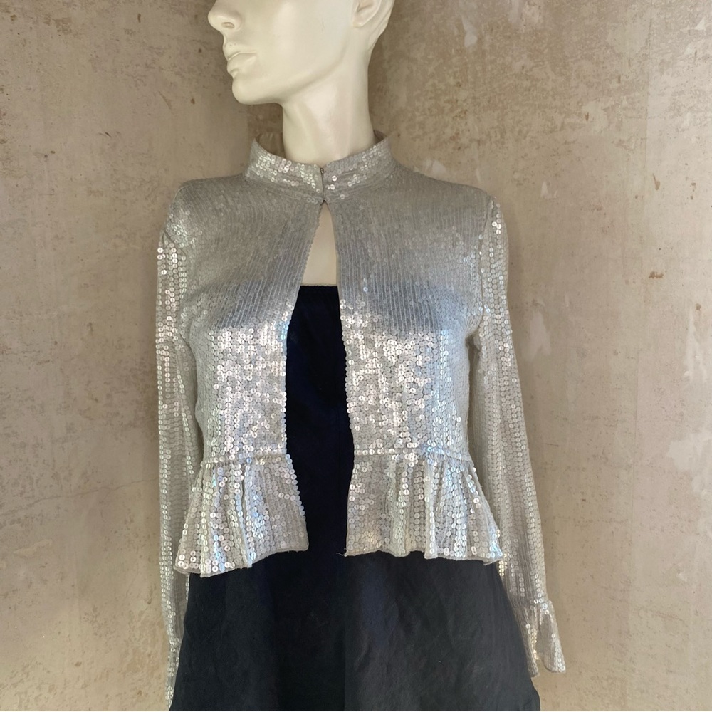 Generra Silver Sequin Cropped Jacket Top Y2k - image 1